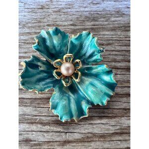 Signed KRAMER Large Teal Enamel Flower Brooch Gold Tone Faux Pearl Vintage Pin